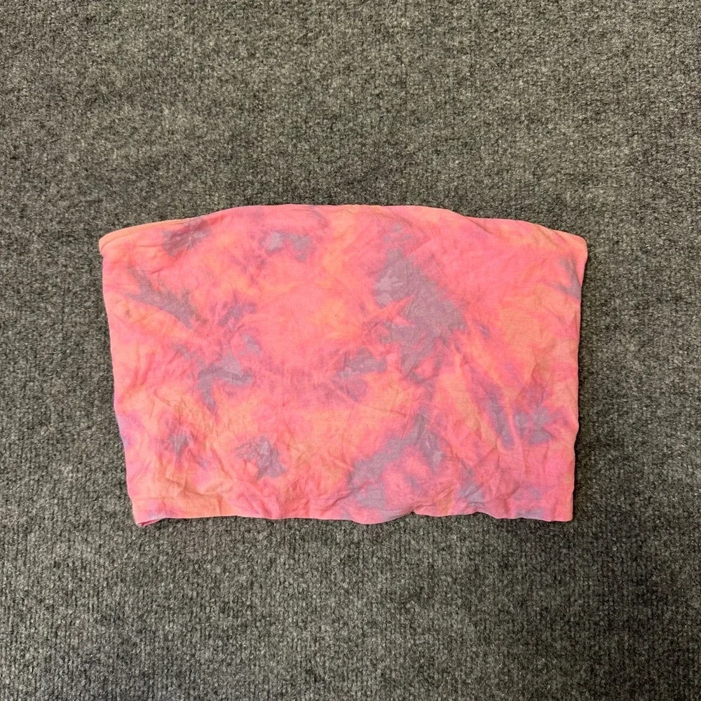 PINK Tube Top Womens Size L Pink Purple Tie Dye Strapless Cropped Stretch Summer